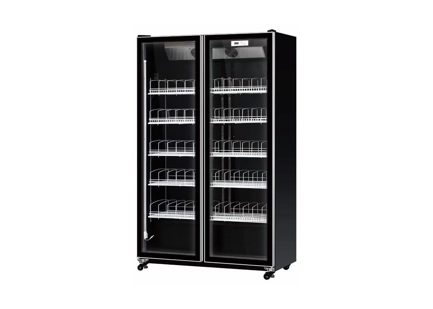 Black two-door glass display cabinet