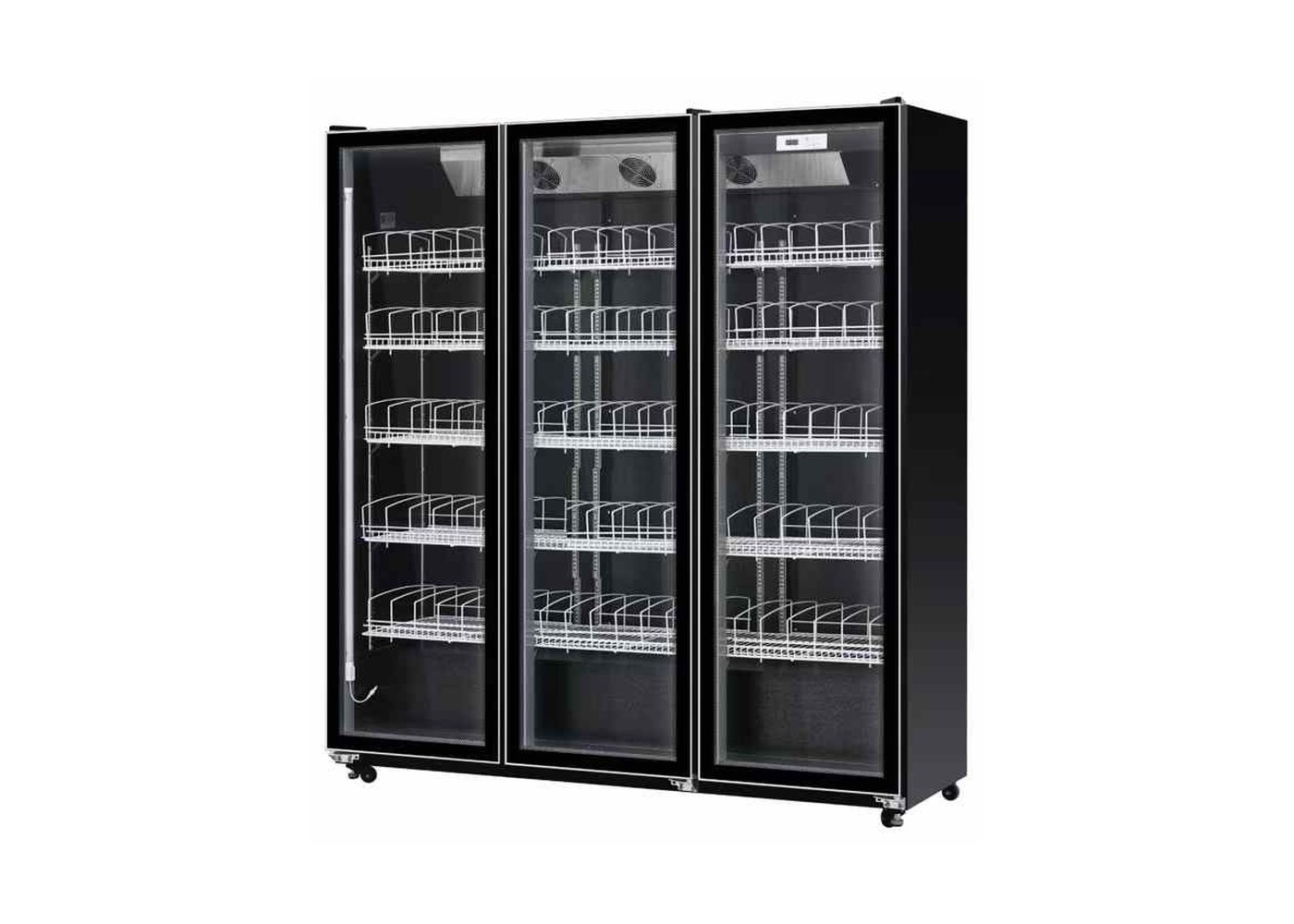 Black three-door glass display cabinet